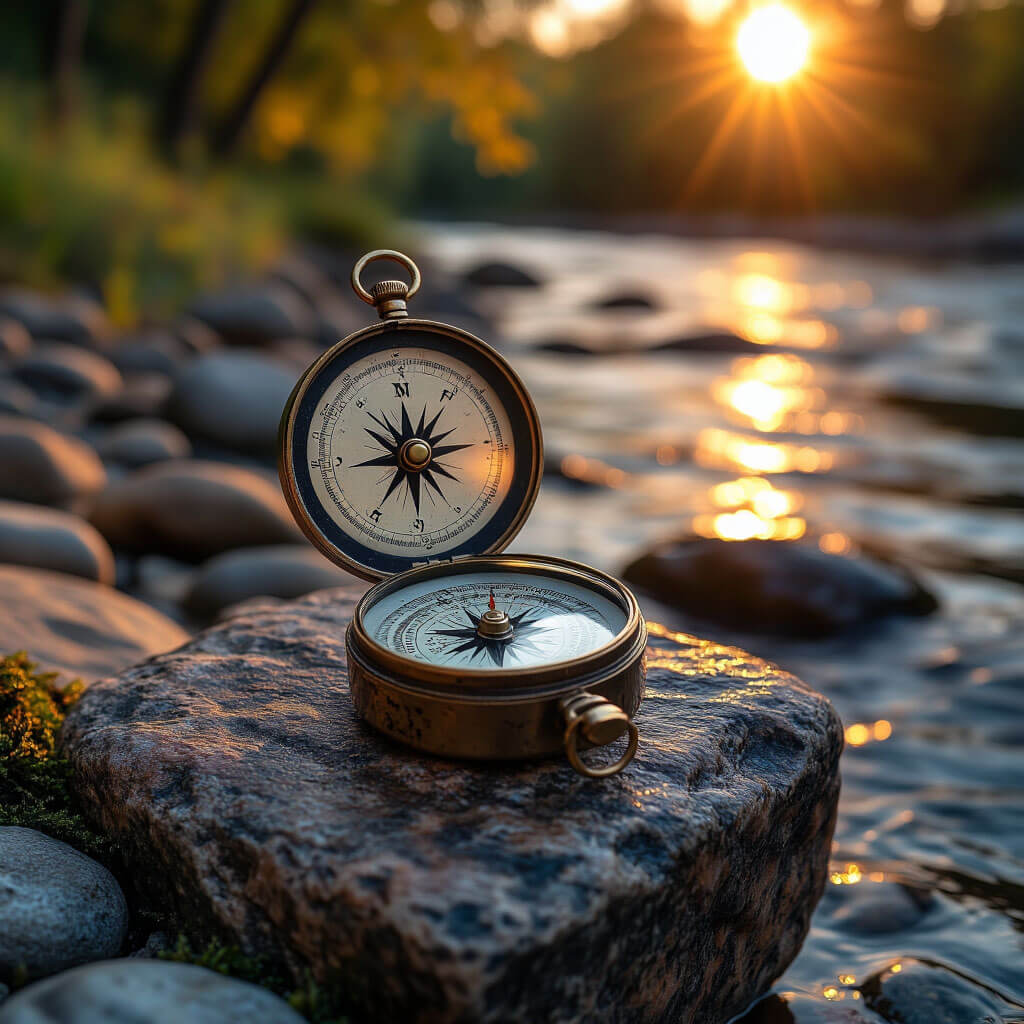 Starý kompas na kameni u řeky — šipka chybí