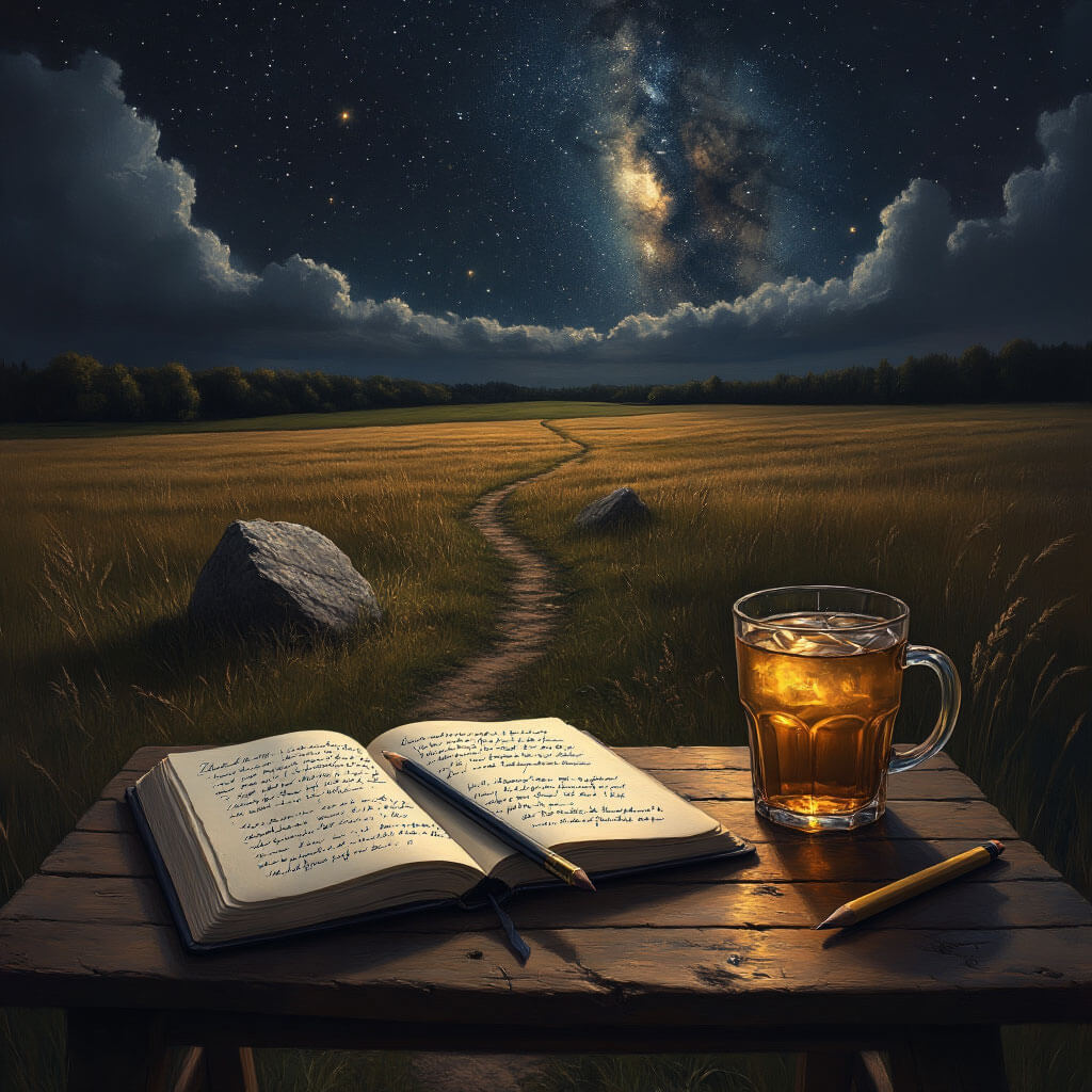 Stůl v poli pod nočním nebem s neúplnými zápisky